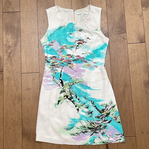 Max & Cleo Sheath Dress US2 Sleeveless abstract Japanese Sundress Aqua Cream - Picture 4 of 11